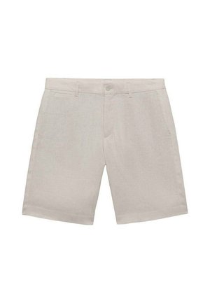 Lichtbeige linnen shorts met een vlakke voorkant, twee zijzakken en een knoopsluiting. Zorgvuldig afgewerkt met een gladde textuur en een getailleerde snit. Geen zichtbare patronen.