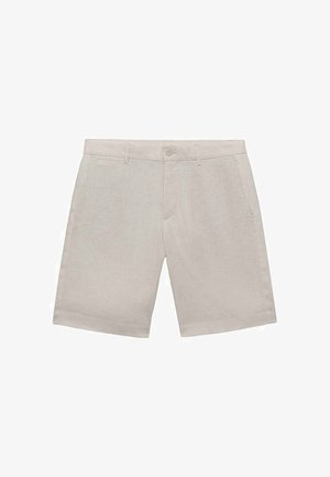 Svetlo béžové ľanové šortky s plochým predným dielom, dvoma bočnými vreckami a zapínaním na gombík. Hladká textúra s prispôsobeným strihom. Žiadne viditeľné vzory.