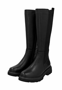 Botas negras de cuero hasta la rodilla con una textura suave y paneles laterales elásticos. Suelas de goma gruesa que ofrecen tracción y estabilidad.