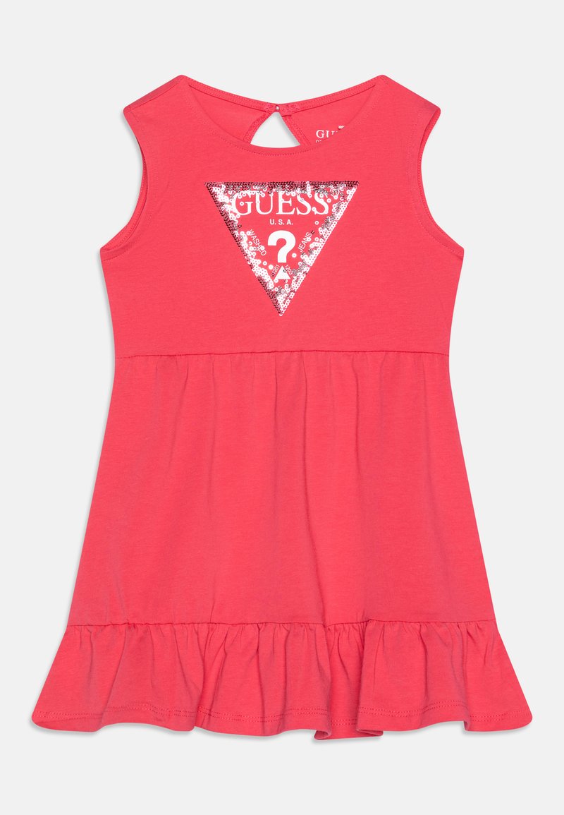 Vestido cor-de-rosa com um design sem mangas, com bainha em camadas e um logótipo triangular em lantejoulas no peito. Feito de um tecido suave e elástico.