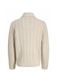 Strickpullover in Hellbeige mit gerippter Textur und Kabeldesign. Verfügt über einen Kragen und lange Ärmel. Dehnbarer Saum und Bündchen.