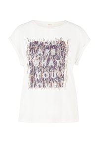 Bílá košile s krátkým rukávem s barevným abstraktním čtvercem a textem "JSTE TÍM, CO MILUJETE" na přední straně.