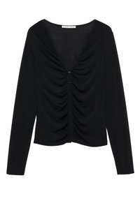 Top nero a maniche lunghe con scollatura a V profonda, design arricciato sul fronte e dettaglio di chiusura anteriore, realizzato in un tessuto morbido ed elastico.