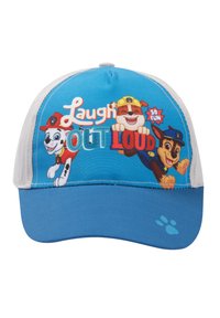 Blue baseball cap with a mesh back, featuring cartoon dogs and the text "Laugh OUT LOUD" in various colors. Includes paw print detail.