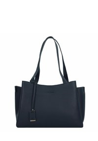 Borsa a spalla in pelle blu navy con doppio manico, un logo discreto sul fronte e una forma rettangolare. Presenta un dettaglio con etichetta appesa.