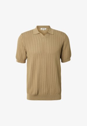 Beżowa dzianinowa koszulka polo z krótkim rękawem o fakturowanym wzorze, z prążkowanym kołnierzykiem, mankietami i dolnym wykończeniem.
