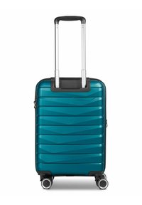 Turbisschalenkoffer in Teal mit diagonalen Linien, einziehbarem Aluminiumgriff, vier Rädern und einer glatten Oberfläche. Kompaktes Design für Reisen.