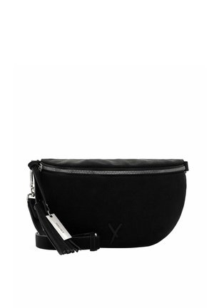 Borsa a tracolla nera realizzata in materiale testurizzato, con chiusura a zip, tracolla regolabile e un accento decorativo a frange.