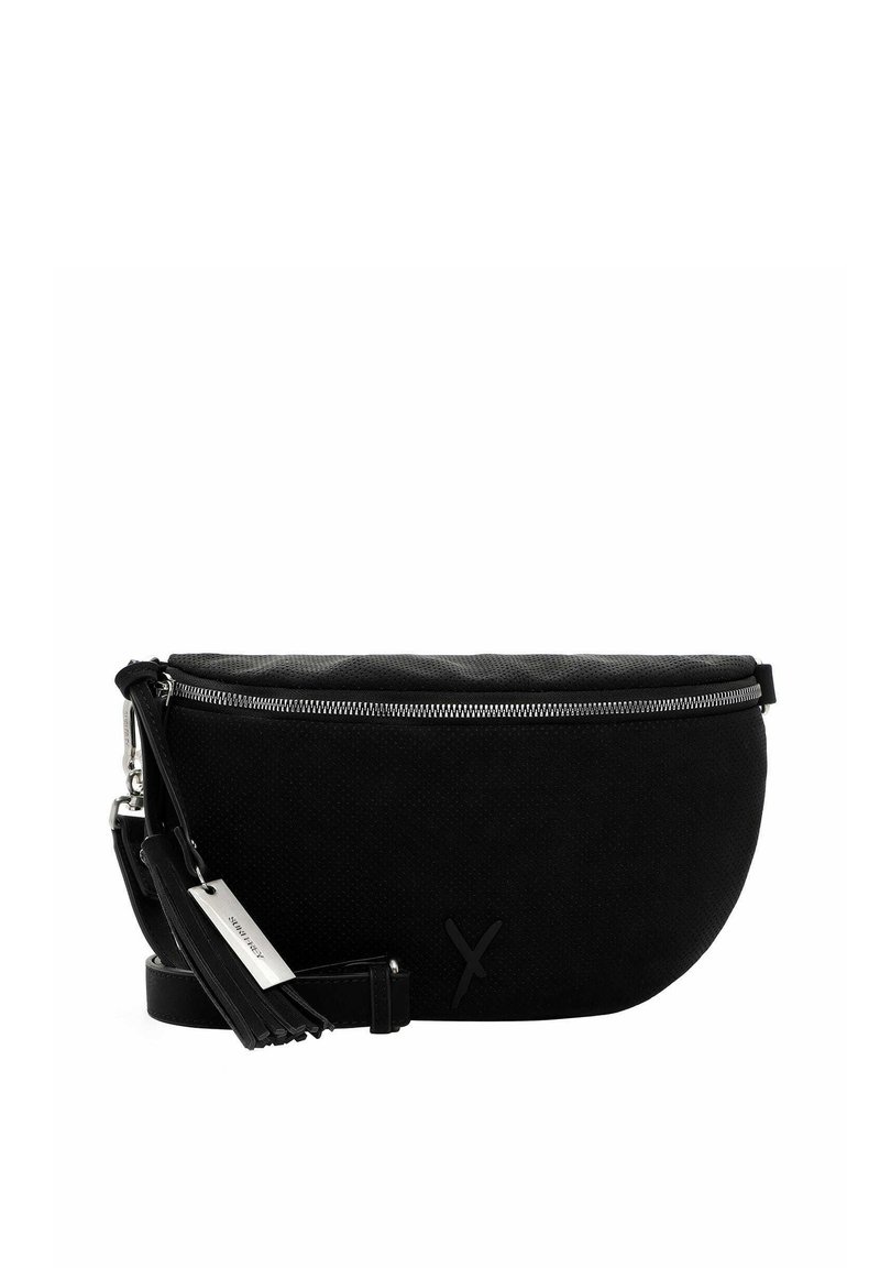 Borsa a tracolla nera realizzata in materiale testurizzato, con chiusura a zip, tracolla regolabile e un accento decorativo a frange.