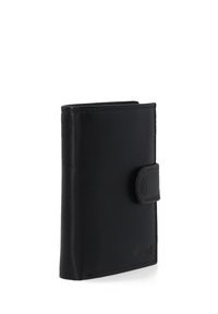 Black leather wallet with a smooth texture, folded design, rounded corners, and a snap closure. Features subtle branding on the front.