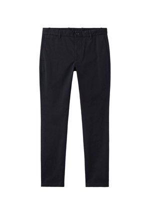 Pantalones chinos negros con un diseño de ajuste entallado, confeccionados en tela de algodón, con cierre de botones y bolsillos estándar. Textura suave, con detalles mínimos.