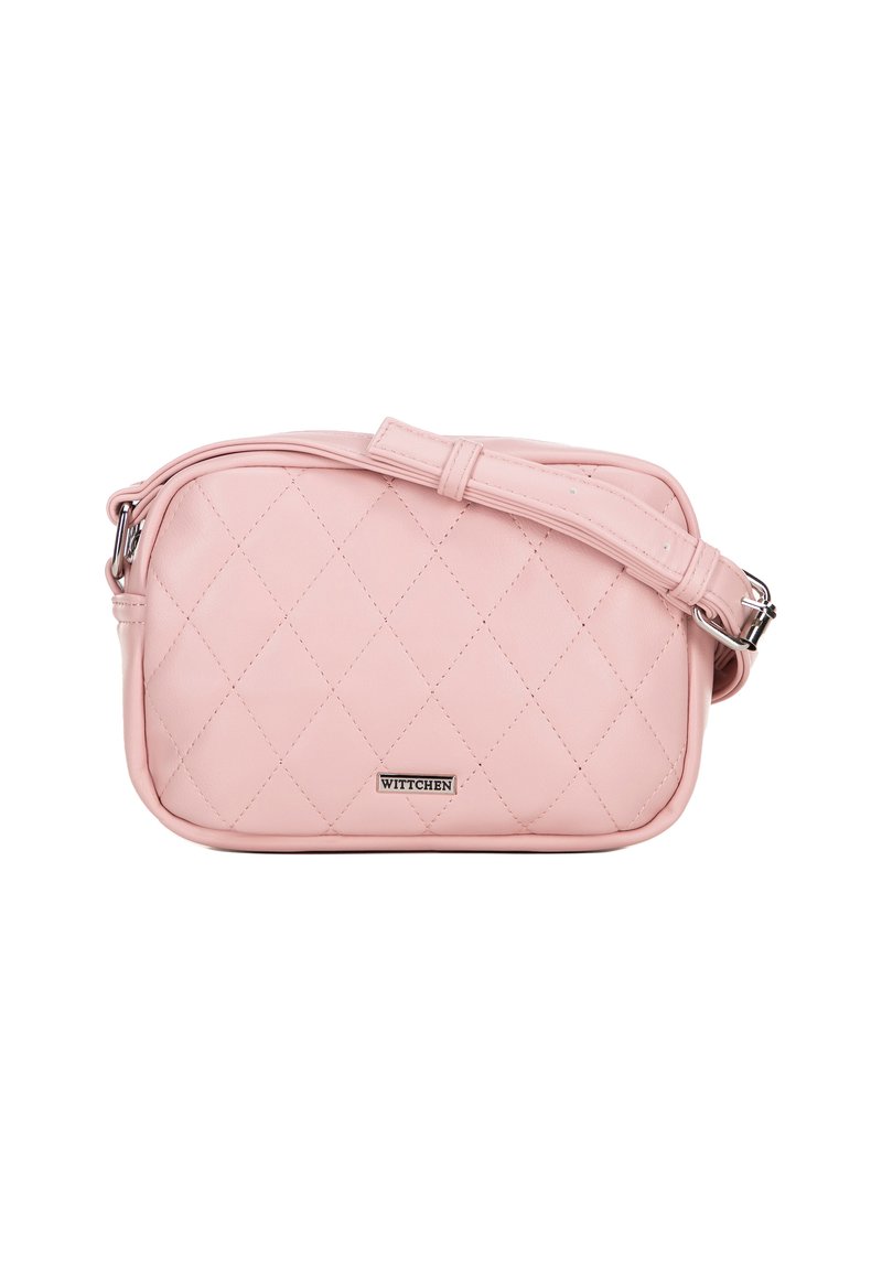 Piccola borsa a tracolla in pelle rosa chiaro trapuntata, con tracolla regolabile e logo metallico Wittchen sul davanti.