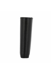 Supporto cilindrico nero realizzato in materiale testurizzato, con un bordo superiore liscio e dettagli di cucitura lungo la parte inferiore.