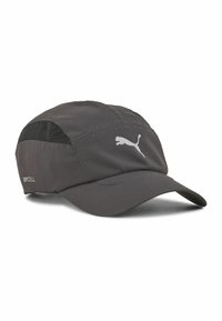 Must kurjapirgaga jooksuhat, mis on valmistatud kerge kangaga, külgedel on peenevõrgulised paneelid, kumer visor ja helendav logo. Omab DryCELL brändingut.