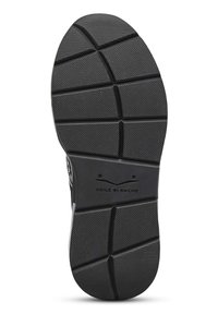 Suola di scarpa nera con superficie testurizzata caratterizzata da modelli triangolari e scanalature. Include un logo con la scritta "VOILE BLANCHE" vicino al tallone.