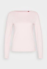 Langärmliges pinkes T-Shirt aus weicher Baumwolle, mit einem Bootsausschnitt und einfachem Design ohne zusätzliche Muster oder Verzierungen.