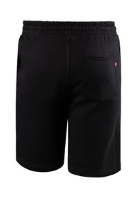 Pantaloni corti neri in cotone con una cintura elastica, una tasca posteriore e un piccolo logo decorativo. Tessuto liscio e design lungo fino al ginocchio.