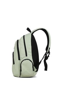 Zaino verde chiaro con accenti neri, dotato di molteplici scomparti con cerniera, spallacci ergonomici e un pannello posteriore in rete per la ventilazione.