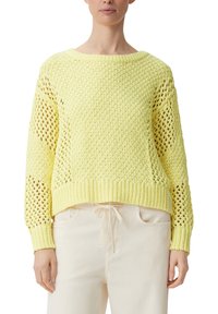 Kurzärmeliger, hellgelber Strickpullover mit strukturiertem Muster und offener Maschenware, ausgestattet mit einem Rundhalsausschnitt und geripptem Saum.