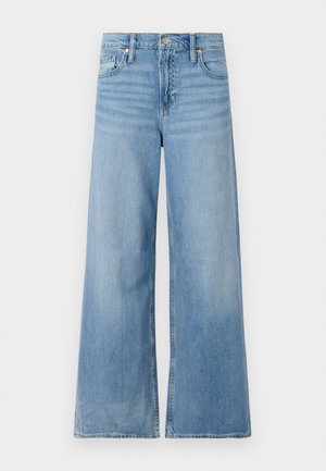 Hellblaue, weit geschnittene Jeans aus Denim, mit hohem Bund, fünf Taschen und subtilen Ausbleichungen entlang der Beine.