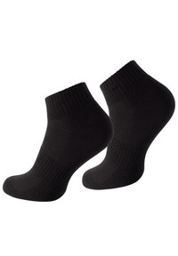 Calzini neri alla caviglia realizzati in materiale a maglia a coste, con talloni e punte rinforzati, adatti a una vestibilità aderente e con una texture liscia.
