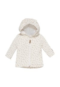 Giacca con cappuccio trapuntata in crema, caratterizzata da un delicato motivo floreale in morbido rosa. Chiusura con zip, con un piccolo accento con marchio sulla manica.