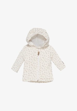 Gepolsterte Kapuzenjacke in Creme, mit einem zarten floralen Muster in sanftem Rosa. Verschluss durch einen Reißverschluss, mit einem kleinen Markenakzent am Ärmel.