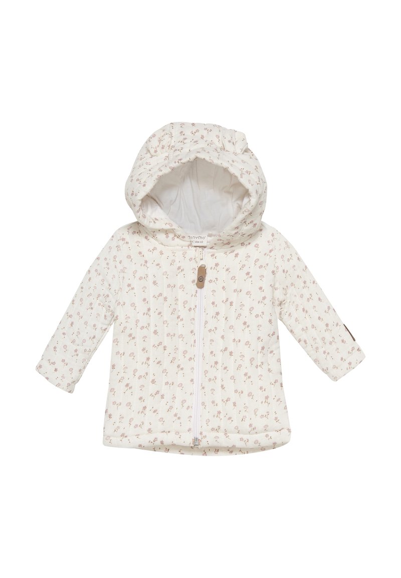 Giacca con cappuccio trapuntata in crema, caratterizzata da un delicato motivo floreale in morbido rosa. Chiusura con zip, con un piccolo accento con marchio sulla manica.