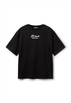 Black cotton T-shirt with short sleeves, crew neckline, and white "OUTDOOR BASKETBALL" graphic printed on the front.