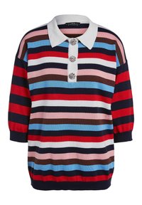 Gestreepte pullover met korte mouwen, in kleuren zoals marineblauw, rood, roze en wit. Knopenlijst met decoratieve steentjes en een contrasterende kraag.