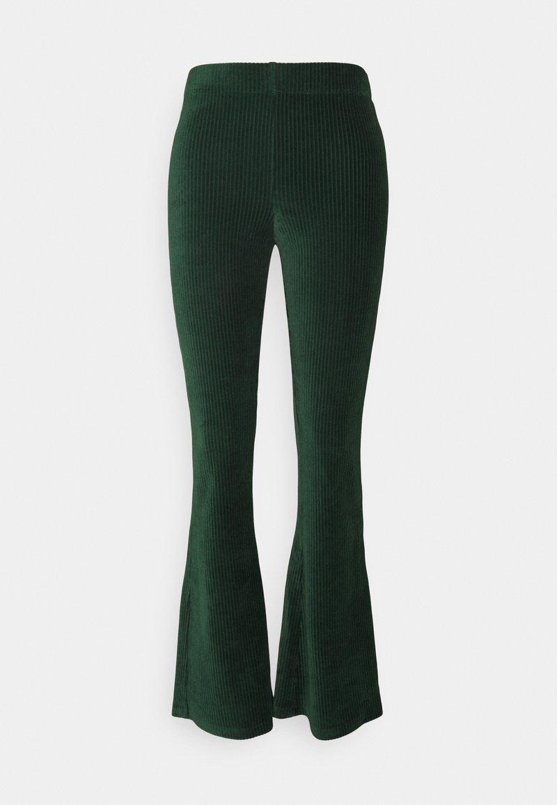 Pantalon large en velours côtelé vert foncé avec texture côtelée verticale et taille haute.