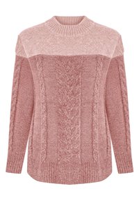 Knit sweater with two-tone design; features light and dark pink panels, cable knit texture, ribbed collar, and cuffs. Relaxed fit.