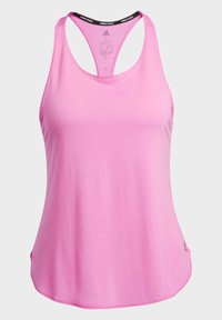 Débardeur d'entraînement Adidas rose sans manches avec un dos nageur et un ruban noir à l'intérieur du col.