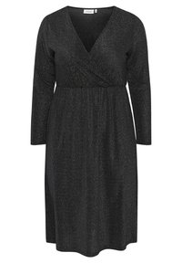 Schwarzes Kleid mit V-Ausschnitt, langen Ärmeln und Wickeldesign. Hergestellt aus strukturiertem Material mit einem dezenten Schimmer, mit einer taillierten Taille und einem ausgestellten Rock.