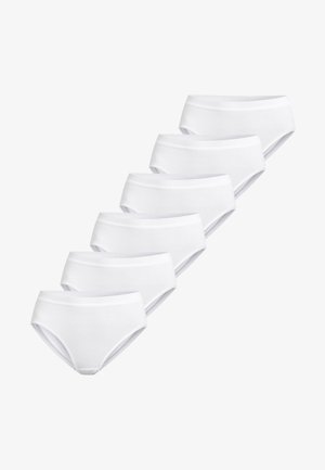 Seks par ensfarvede hvide bomulds-trusser til kvinder arrangeret diagonalt på en hvid baggrund.