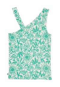 Top de tirantes con un patrón floral verde, escote asimétrico, tejido acanalado y una sola tira ancha en un lado.