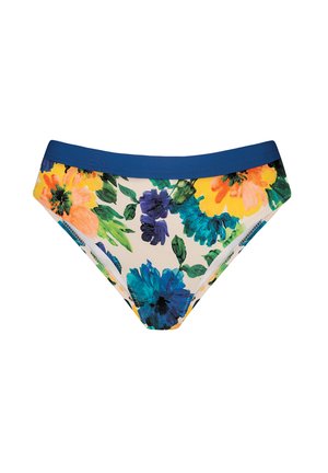 Damskie figi bikini w kwiatowy wzór, z żywymi kolorami, w tym żółtym, niebieskim i zielonym, z jednolitym niebieskim pasem w talii.