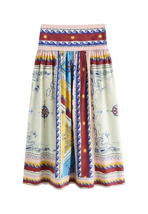 Rock mit nautischem Kartenmuster, einschließlich Kompassrosen, Ankern, Wellen, Sonnenmotiven und dekorativen Rändern in Creme, Blau, Rot, Gelb und Rosa.