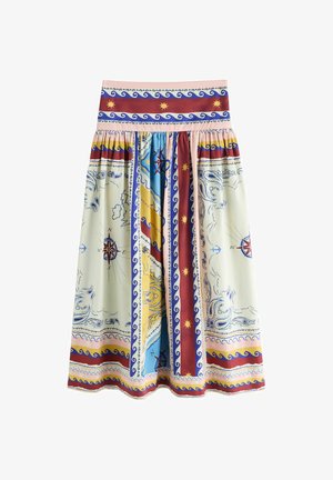 Falda con estampado de mapa náutico que incluye rosas de los vientos, anclas, olas, motivos solares y bordes decorativos en crema, azul, rojo, amarillo y rosa.