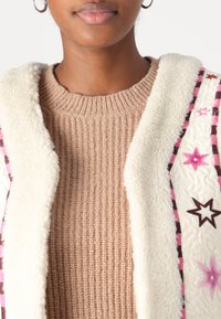 Faux fur vest with cream collar, brown ribbed sweater underneath. Floral and star embroidery in pink and brown on the vest.