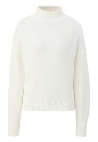 Biały, strukturalny sweter z wysokim kołnierzem, opadającymi ramionami oraz prążkowanymi wykończeniami na dole i przy mankietach. Wykonany z dzianiny.