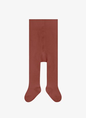 Rote undurchsichtige Strumpfhosen mit glatter Textur, ausgestattet mit einem gestrickten Bund und geschlossener Zehenpartie. Keine Muster oder zusätzlichen Details vorhanden.