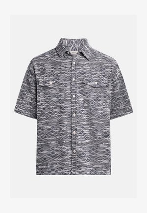 Kurzärmliges Hemd in Schwarz und Weiß mit einem gewebten Muster, ausgestattet mit einer Brusttasche, klassischem Kragen und glatter Stofftextur.