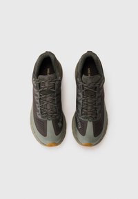 Sorte og grønne trail løbesko med mesh-overdel, GORE-TEX branding, tekstureret mønster, snørebåndslukning og gummigummi-ydersål.