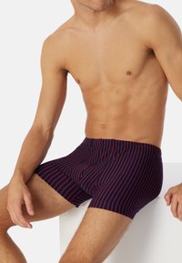 Boxer in blu navy con strisce verticali rosse, realizzati in tessuto morbido, con vita elasticizzata e design aderente per il massimo comfort.