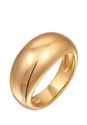 Anello in oro tono, con un design morbido e arrotondato. Presenta una superficie liscia e lucida con una leggera incisione lungo il lato.