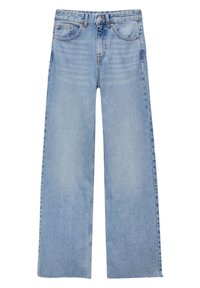 Vaqueros de pierna ancha de tiro alto en azul claro, con botón frontal, cremallera y diseño de cinco bolsillos.