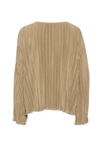 Blouse beige plissée à manches longues, encolure ronde et coupe décontractée. Présente des bords délicatement volantés et des rayures verticales sur l'ensemble.