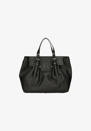 Borsa tote nera in pelle con superficie texturizzata, due manici superiori e un flap anteriore dotato di un prominente logo "E" argentato e cinghie.