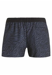 Costumi da bagno neri e blu navy con un motivo a strisce zebra, cintura elastica e una tasca posteriore singola. Materiale leggero.